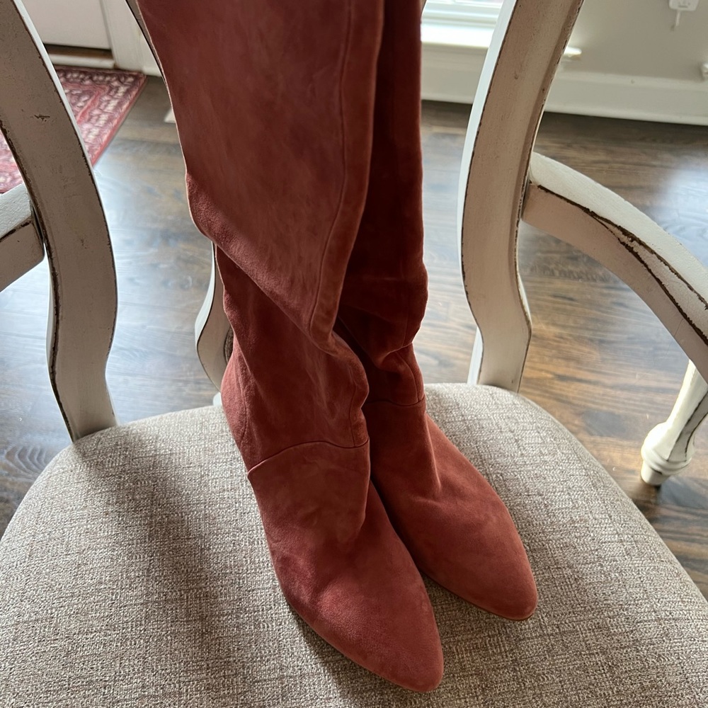 Pink/Mauve suede boots. Brand new in box. Size 39/8.5. Shaft 12” heel 2”